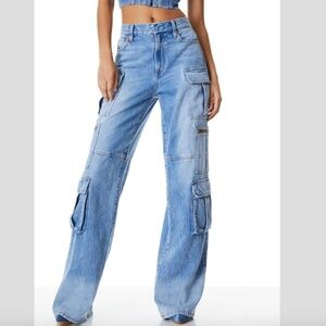 ALICE + OLIVIA CAY CARGO JEAN COLOR Brea Blue 34 inch inseam